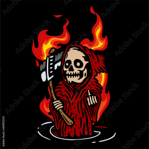 vector illustration skeleton skull grim reaper artwork . Can be used as Logo, Brands, Mascots, tshirt, sticker,patch and Tattoo design.