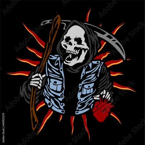 vector illustration skeleton skull grim reaper artwork . Can be used as Logo, Brands, Mascots, tshirt, sticker,patch and Tattoo design.