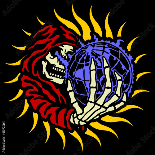 vector illustration skeleton skull grim reaper artwork . Can be used as Logo, Brands, Mascots, tshirt, sticker,patch and Tattoo design.