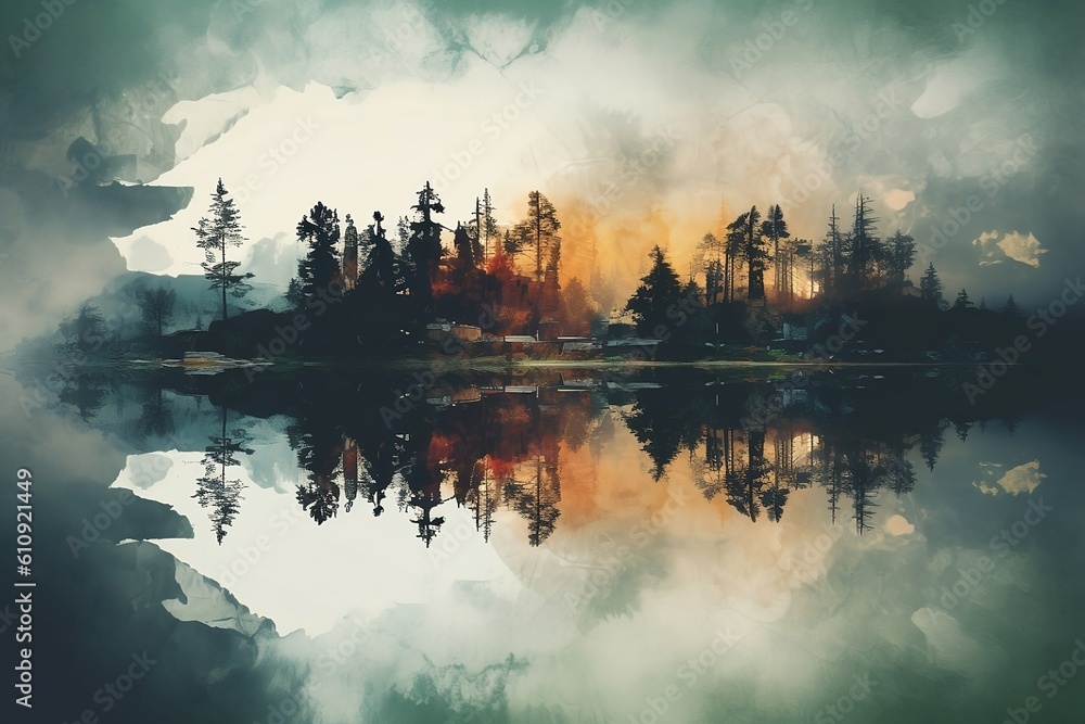 Double exposure of lake and a forest, sky with clouds. Generative Ai Double exposure of lake and a forest, sky with clouds. Generative Ai