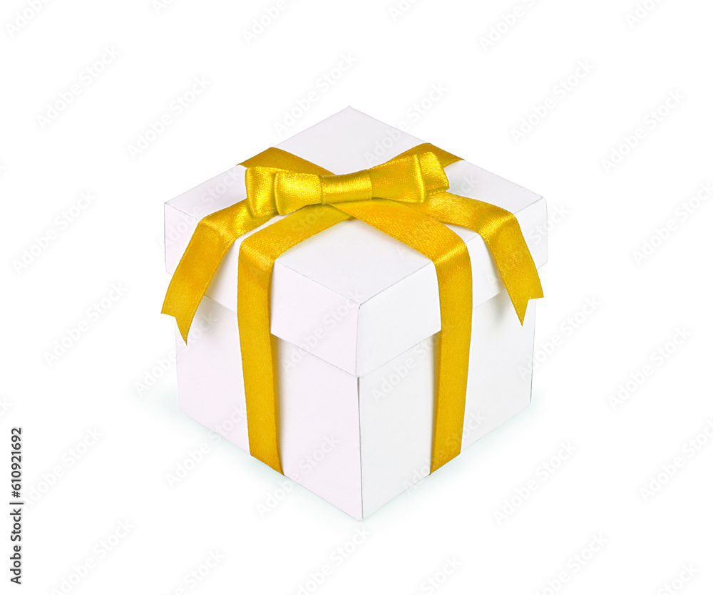 White gift box with yellow ribbon bow isolated on white background. White gift box with yellow ribbon bow isolated on white background.