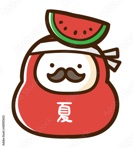スイカを頭に乗せるかわいいだるまのデフォルメイラスト