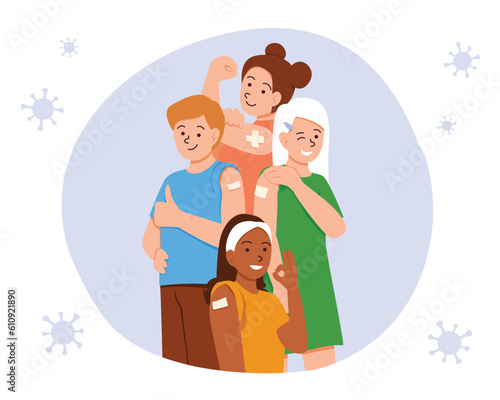 Portrait of happy teenagers with medical patch at arm. Multinational characters smile after getting vaccinated and protecting health from viruses. Healthy lifestyle. Flat vector illustration