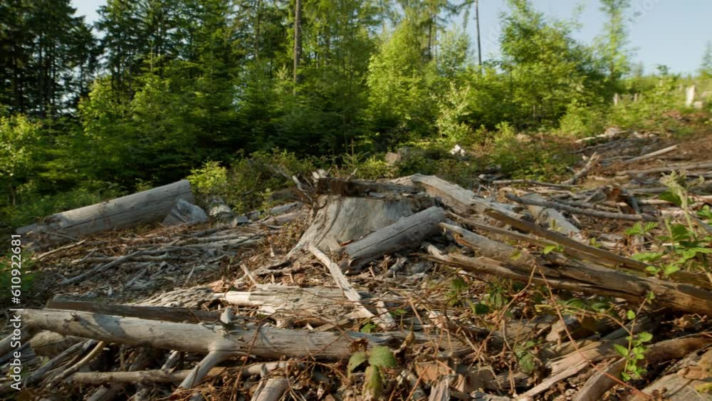Deforested dead dry branches and stumps in spruce forest hit by bark beetle in Czech countryside Deforested dead dry branches and stumps in spruce forest hit by bark beetle in Czech countryside