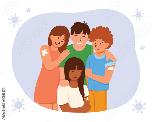 Happy multinational teenagers with medical patch at arm standing together and hugging each other. Healthy lifestyle. Vaccinate concept. Cartoon flat vector illustration