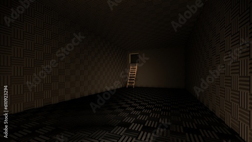 alone in the dark of empty backroom liminal space 3d render