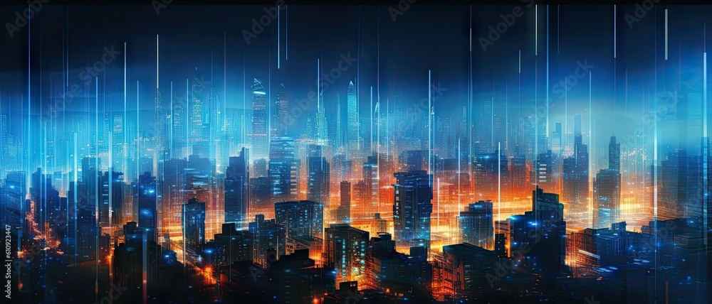 Neon Futuristic. Blue Light in a Technological Metropolis. Creating Cityscape Background Generative AI illustrations