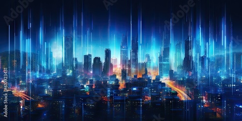 Neon Futuristic. Blue Light in a Technological Metropolis. Creating Cityscape Background Generative AI illustrations