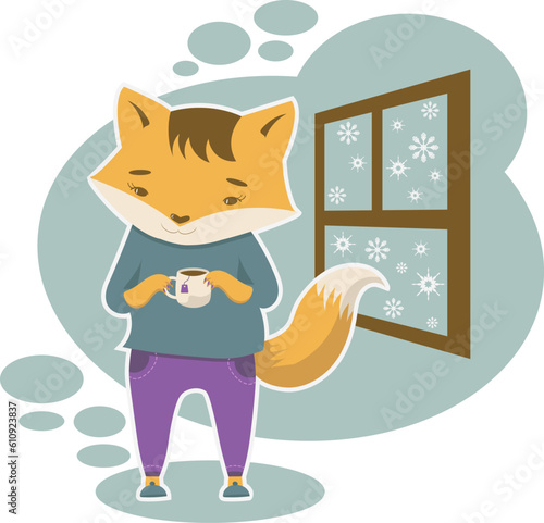 Fox is staying with tea cup at home in snowy day near window