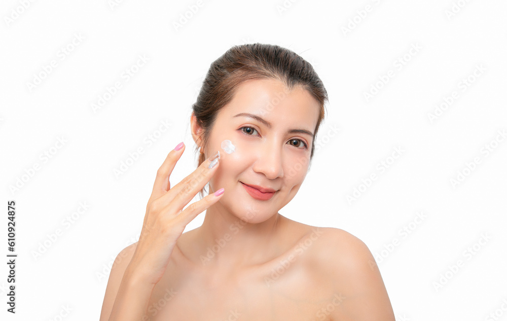 Young asian woman touching her face and looking to camera isolated white background. Female Skin Care concept.