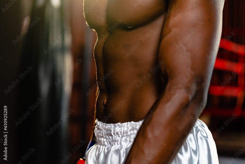 Inspirational exercise and fitness portrait of African American male athlete, intense and powerful expression, Young confident boxer muscular man standing in ready stance, boxing ring arena background
