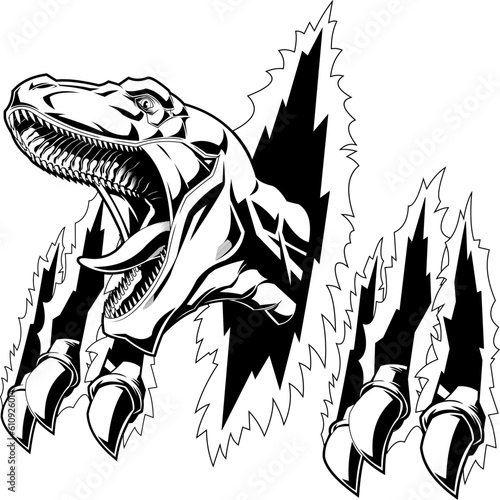 Outlined Raptor Dinosaur Ripping Out Background Graphic Design. Vector Hand Drawn Illustration Isolated On Transparent Background
