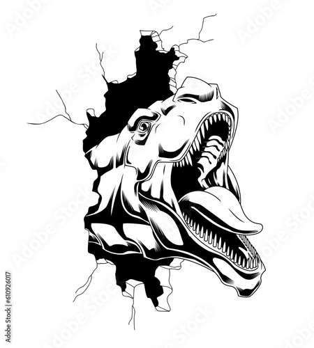 Outlined T-Rex Dinosaur Breaks The Wall Graphic Design. Vector Hand Drawn Illustration Isolated On White Background