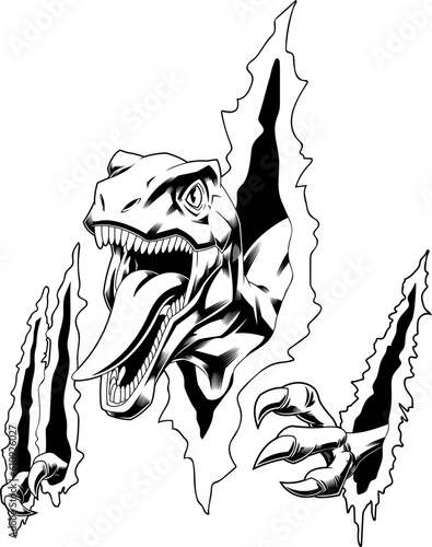 Outlined Tyrannosaurus Rex Dinosaur Ripping Out Paper Background Graphic Design. Vector Hand Drawn Illustration Isolated On Transparent Background