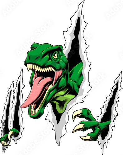 Tyrannosaurus Rex Dinosaur Ripping Out Paper Background Graphic Design. Vector Hand Drawn Illustration Isolated On Transparent Background