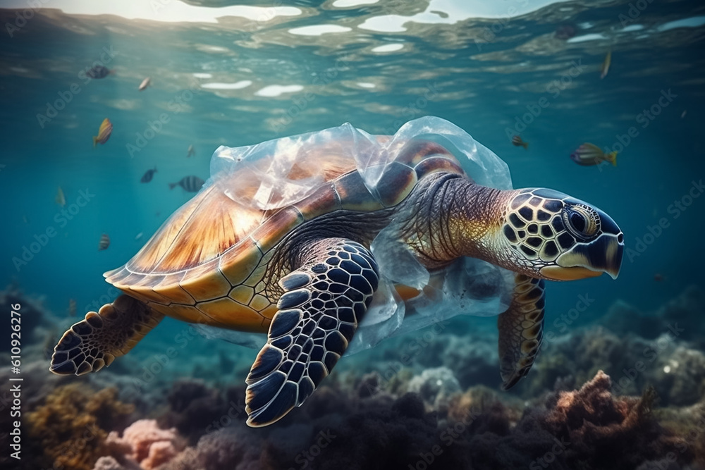 Fototapeta premium Plastic pollution in the ocean around the turtle