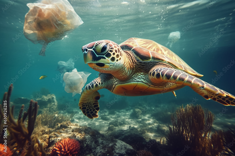 Fototapeta premium Plastic pollution in the ocean around the turtle