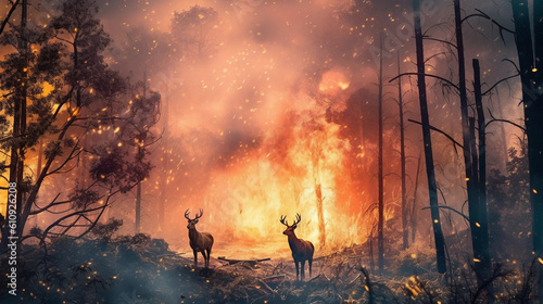 double exposure of a forest and forest fire blazing, with wildlife running away. Generative Ai