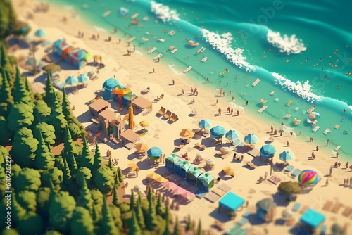 3d isometric anime green beaches with sandy shores  water waves  people enjoying in the sunset beach. Generative Ai