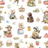 Seamless pattern with vintage variety set of cute animals in vintage clothes and food isolated on white background. Watercolor hand drawn illustration sketch