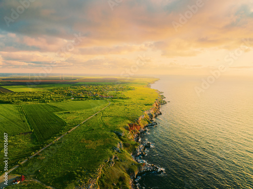 Sunrise landscape at Yailata cliff, National Archaeological Reserve in Black Sea coast in Bulgaria