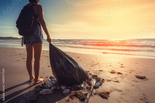 Plastic pollution in the ocean, Woman are collecting garbage on the beach with the backdrop of the light of the sun