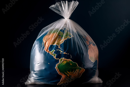 a globe in a black garbage bag on a light background. No plastic bags photo