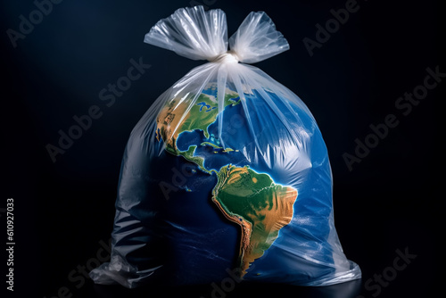 a globe in a black garbage bag on a light background. No plastic bags photo