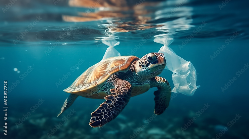 Obraz premium Plastic pollution in the ocean around the turtle