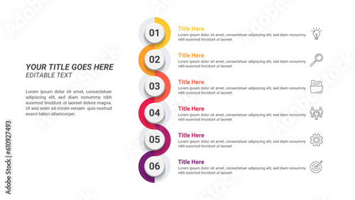 Editable Circle Workflow Infographics From 1 Up to 6 Steps on a 16:9 Ratio Layout for Business Presentations, Planning, Management, and Evaluation.
