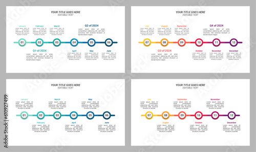 Editable Yearly Forecast Infographic from January up to December. Twelve-Step Infographic on a 16:9 Ratio Layout for Business Presentations, Planning, Management, and Evaluation.