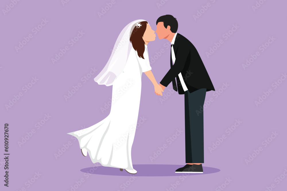 Graphic flat design drawing cute romantic married couple with lips locked in kiss. Happy man and beautiful woman lovers kissing and holding hands with wedding dress. Cartoon style vector illustration