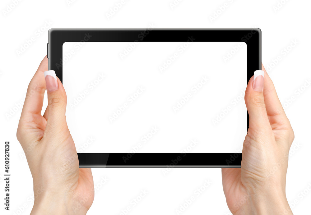  Female hands holding and touching on tablet pc isolated on white background.