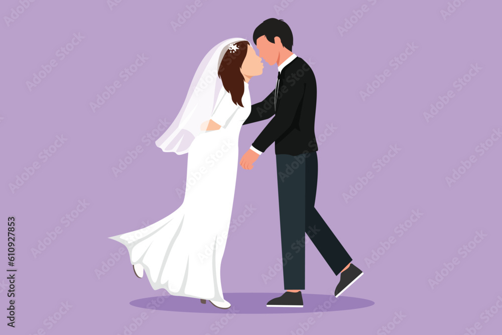 Cartoon flat style drawing beautiful woman and man stand in love and kiss each other in wedding celebration. Young married couple lovers kissing with wedding dress. Graphic design vector illustration Cartoon flat style drawing beautiful woman and man stand in love and kiss each other in wedding celebration. Young married couple lovers kissing with wedding dress. Graphic design vector illustration