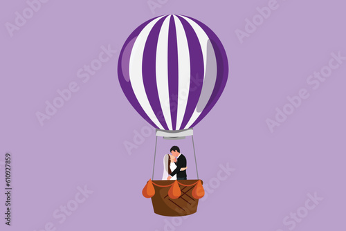 Cartoon flat style drawing love kissing married couple in hot-air balloon in sky, clouds, amorous relationship. Romantic man and beauty woman on road trip journey. Graphic design vector illustration