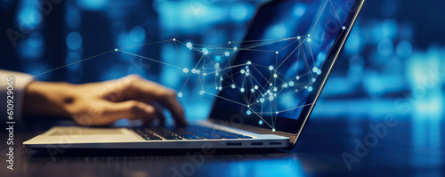 hands typing on a laptop, connected business, internet and network environment, generative ai