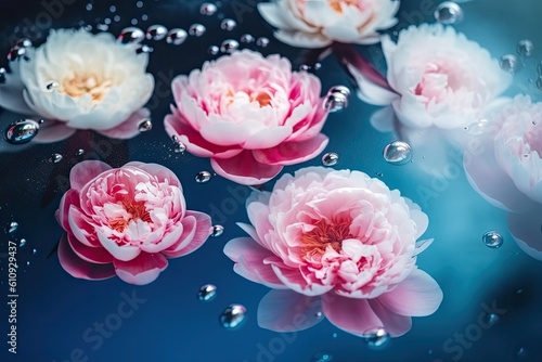 Pink flower petals on the water with bubbles. Generative AI.