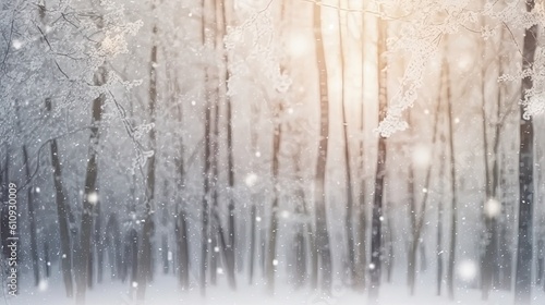 Snow covered trees in winter. Generative AI.