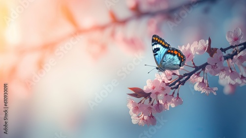 Butterfly on a branch of cherry blossom. Generative AI.