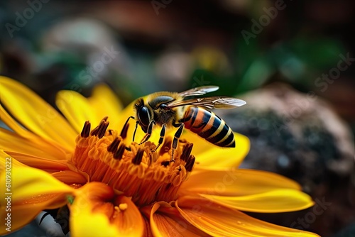 Bee on flower taking honey. Generative AI.