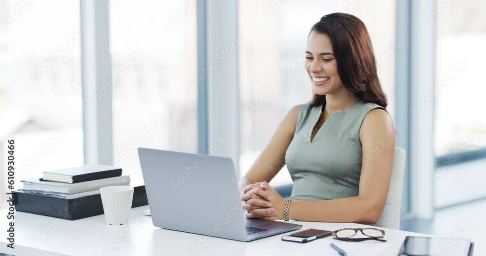 Laptop, happy and business woman reading online notification, announcement and smile for success, sales or review. Achievement, report or professional person excited for company growth statistics Laptop, happy and business woman reading online notification, announcement and smile for success, sales or review. Achievement, report or professional person excited for company growth statistics