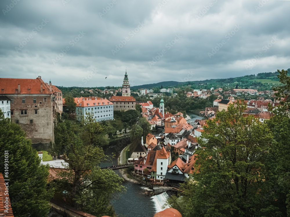 View of the Krumlov castle and the old town of Cesky Krumlov, Czech Republic