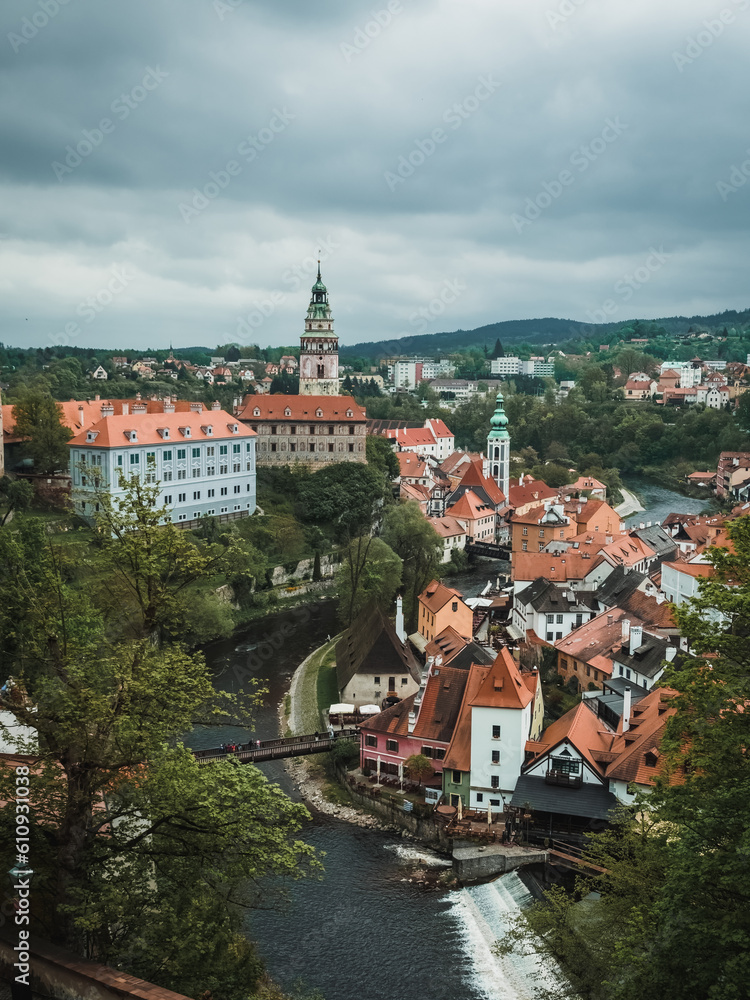 View of the Krumlov castle and the old town of Cesky Krumlov, Czech Republic