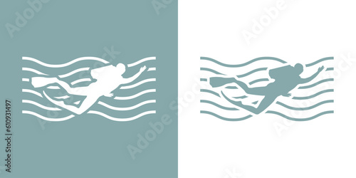 Logo club de submarinismo. Silueta submarinista con olas de mar
