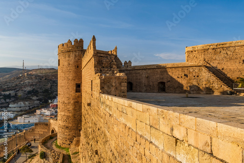 The Alcazaba of Almeria, a fortified complex in southern Spain, constrution of defensive citadel. Almeria, Andalusia, Spain.