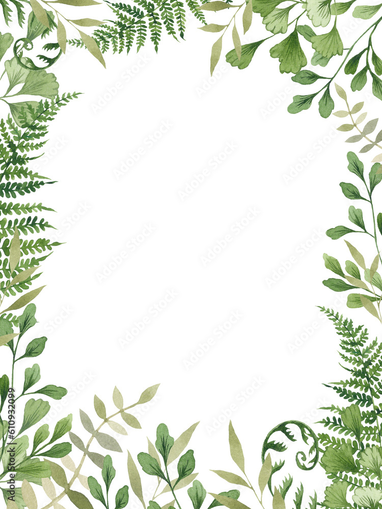 Watercolor vertical frame with forest greenery. Forest leaves, greenery, grass, fern. Registration of postcards and congratulatory, invitation.