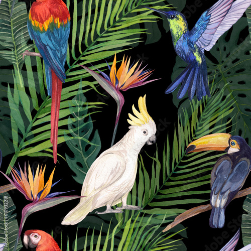 Photography Watercolor seamless pattern with tropical birds and greenery