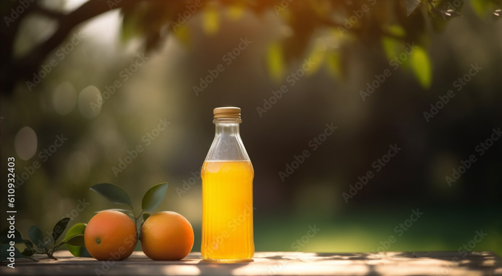 Glass bottle with orange juice on sunny garden background, ai generation Glass bottle with orange juice on sunny garden background, ai generation