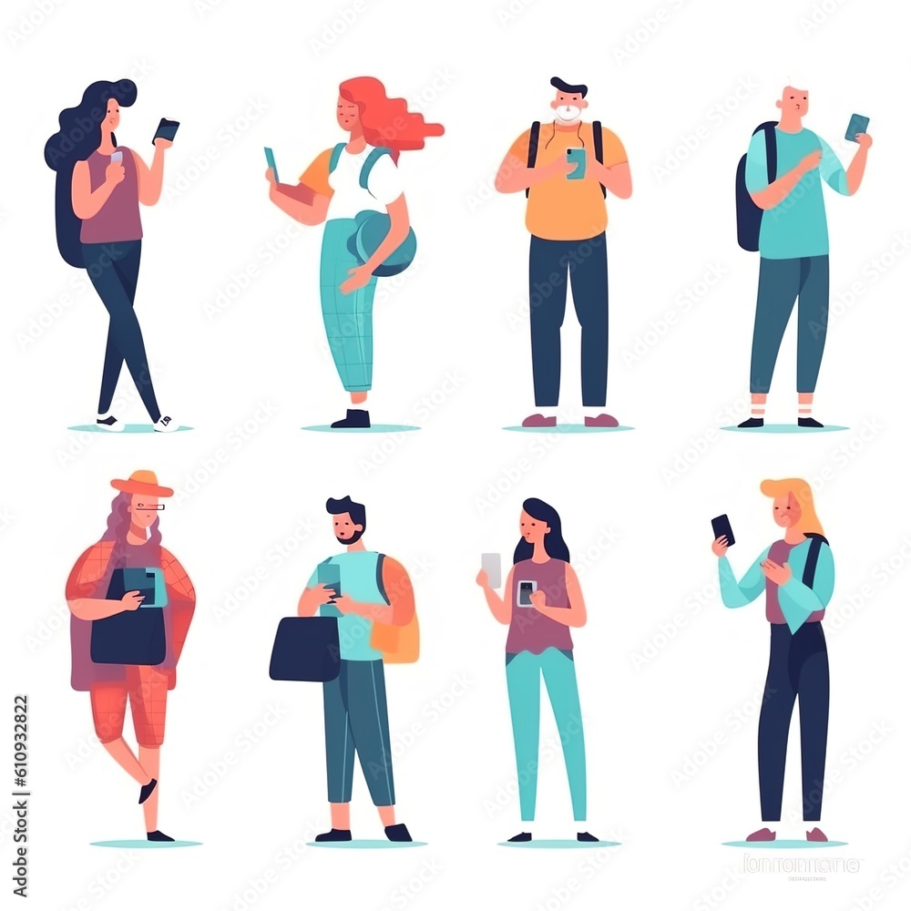 Fototapeta premium People holding, using mobile phones set. Characters with smartphones in hands. Men, women use cellphones, surfing internet, chatting. Flat graphic vector illustrations