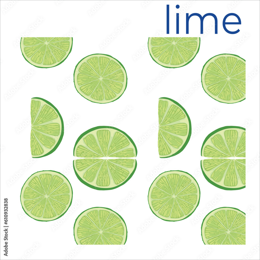 Pattern of stylized berries with lime leaves and slices. Green, yellow colors. Composition on a white background.